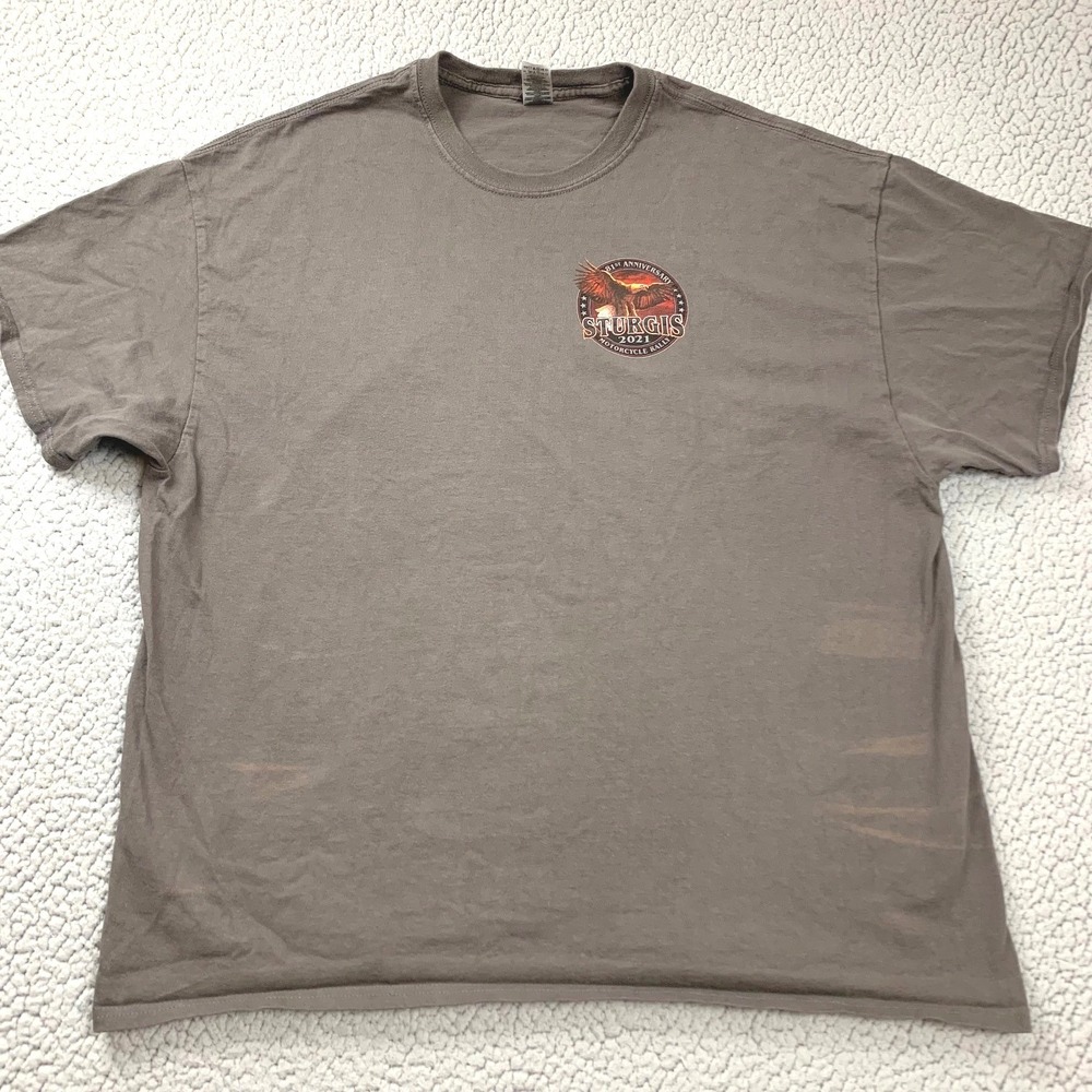 Gildan Sturgis 2021 Motorcycle Rally T Shirt Mens 2XL Brown Biker Graphic Flawed